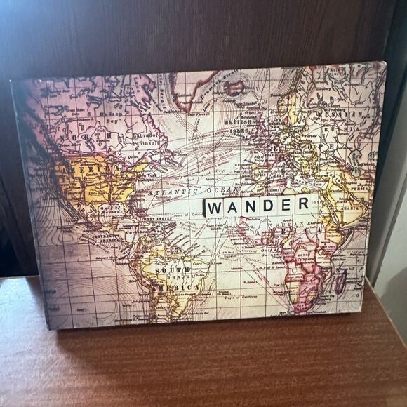 Vintage Style World Map Canvas Art “wander” in scrabble letters - Picture 1 of 3
